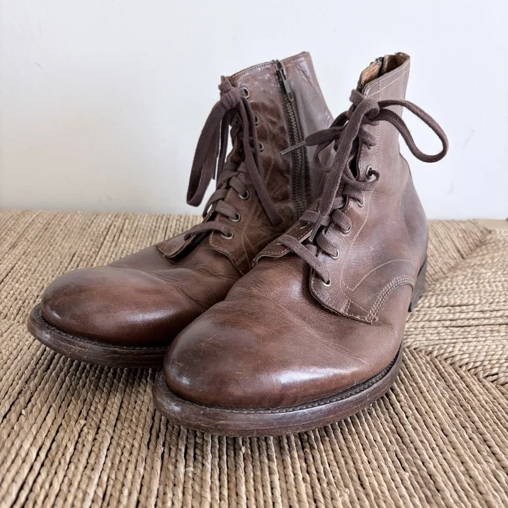 Frye Mens Sz 11D Bowery Lace-Up Boots Brown Leather Side Zip Military Utility